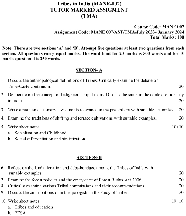 IGNOU MANE-07 - Tribes in India, Latest Solved Assignment-July 2023 - January 2024