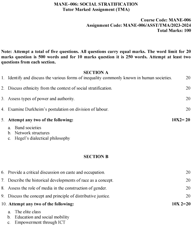 IGNOU MANE-06 - Social Stratification, Latest Solved Assignment-July 2023 - January 2024