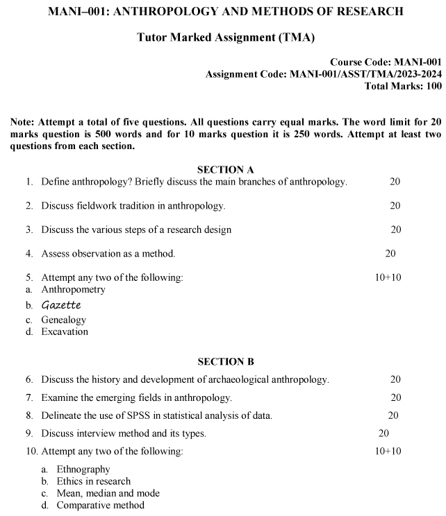 IGNOU MANI-01 - Anthropology and Methods of Research, Latest Solved Assignment-July 2023 - January 2024