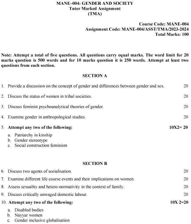 IGNOU MANE-04 - Gender and Society, Latest Solved Assignment-July 2023 - January 2024