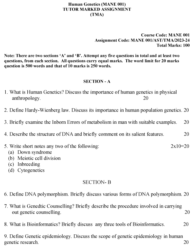 IGNOU MANE-01 - Human Genetics, Latest Solved Assignmen-July 2023 - January 2024