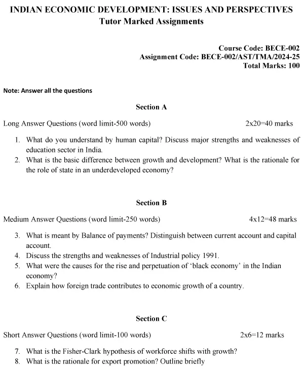 IGNOU BECE-02 - Indian Economic Development: Issues and Perspectives, Latest Solved Assignment-July 2024 - January 2025