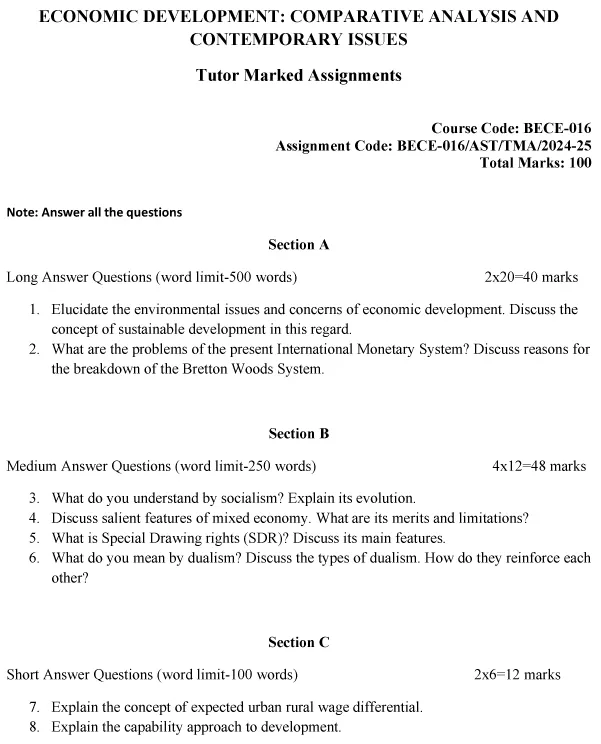 IGNOU BECE-16 - Economic Development: Comparative Analysis and Contemporary Issues, Latest Solved Assignment-July 2024 - January 2025