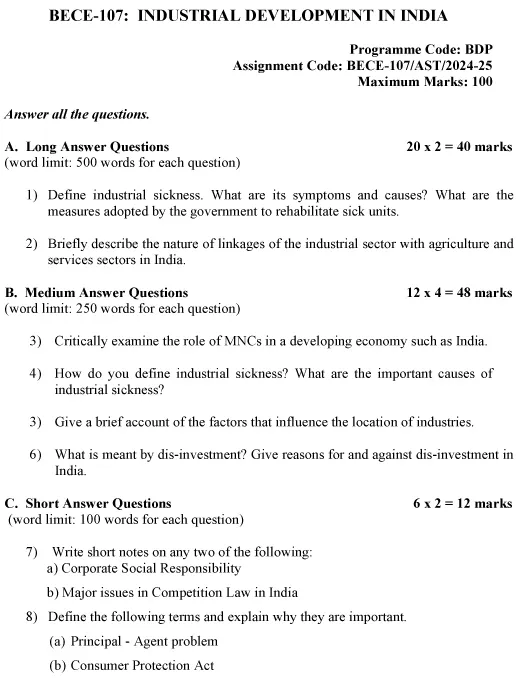 IGNOU BECE-107 - Industrial Development in India, Latest Solved Assignment-July 2024 - January 2025