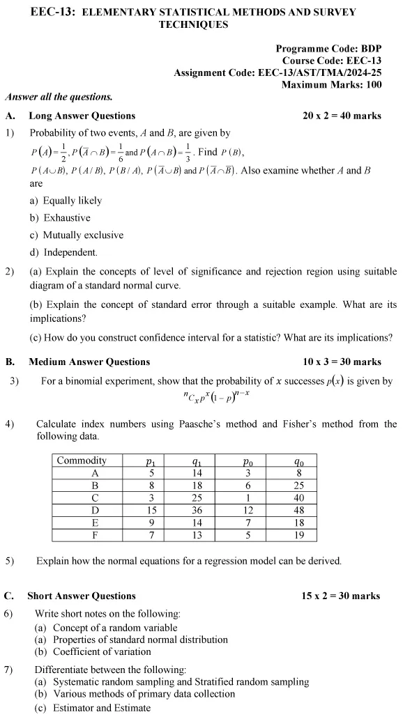 EEC-13 - Elementary Statistical Methods and Survey Techniques-July 2024 - January 2025