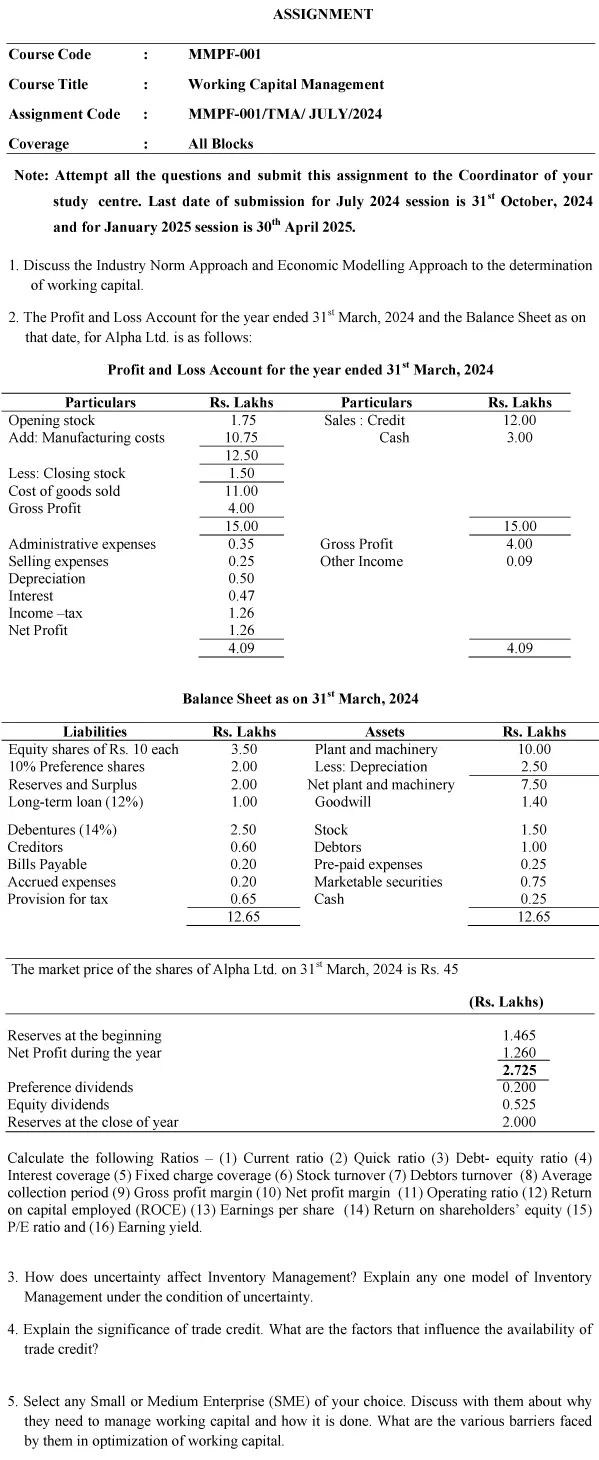 IGNOU MMPF-01 - Working Capital Management  Latest Solved Assignment-July 2024 - January 2025