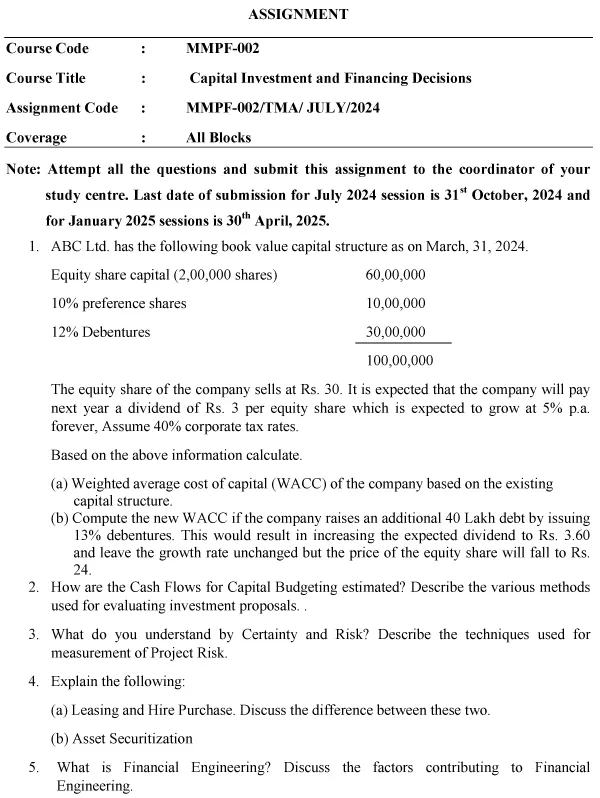 IGNOU MMPF-02 - Capital Investment and Financing Decisions Latest Solved Assignment-July 2024 - January 2025