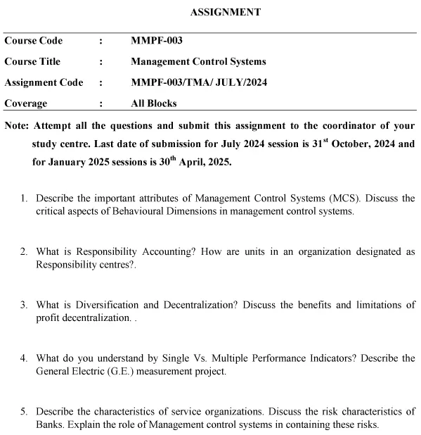 IGNOU MMPF-03 - Management Control Systems  Latest Solved Assignment-July 2024 - January 2025