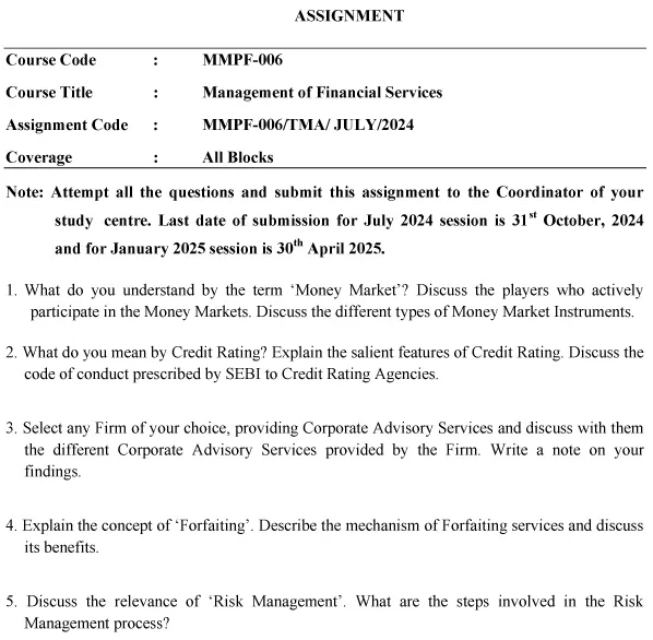 IGNOU MMPF-06 - Management of Financial Services Latest Solved Assignment-July 2024 - January 2025