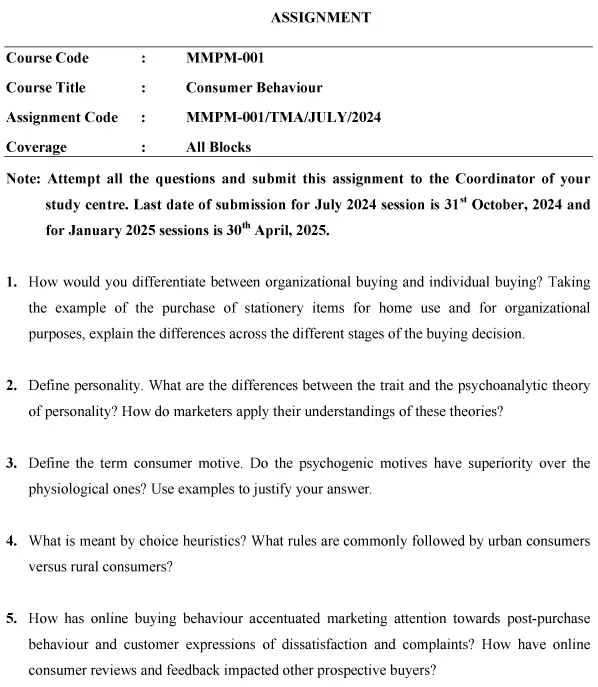 IGNOU MMPM-01 - Consumer Behaviour Latest Solved Assignment-July 2024 - January 2025