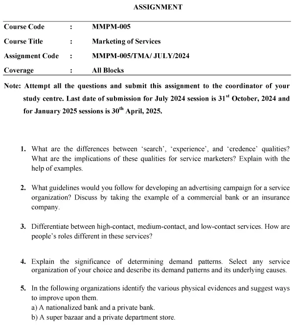 IGNOU MMPM-05 - Marketing of Services Latest Solved Assignment-July 2024 - January 2025