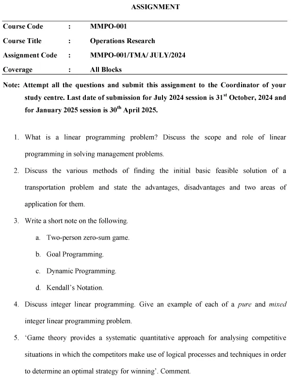 IGNOU MMPO-01 - Operations Research Latest Solved Assignment-July 2024 - January 2025