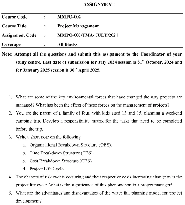 IGNOU MMPO-02 - Project Management Latest Solved Assignment-July 2024 - January 2025