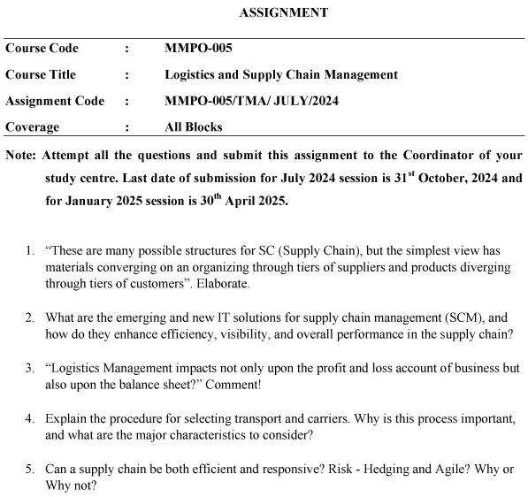 IGNOU MMPO-05 - Logistics and Supply Chain Management Latest Solved Assignment-July 2024 - January 2025