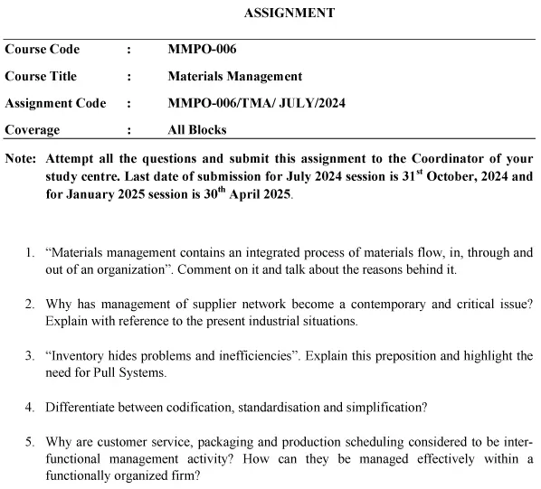 IGNOU MMPO-06 - Material Management Latest Solved Assignment-July 2024 - January 2025