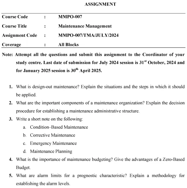 IGNOU MMPO-07 - Maintenance Management Latest Solved Assignment-July 2024 - January 2025