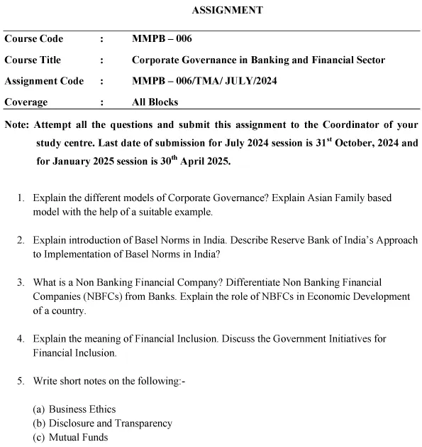 IGNOU MMPB-06 - Corporate Governance in Banking and Financial Sector Latest Solved Assignment-July 2024 - January 2025