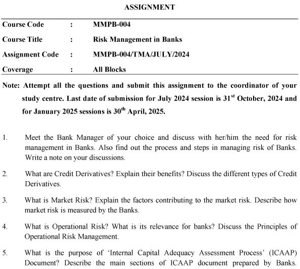 IGNOU MMPB-04 - Risk Management in Banks Latest Solved Assignment-July 2024 - January 2025