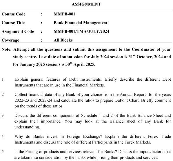 IGNOU MMPB-01 - Bank Financial Management Latest Solved Assignment-July 2024 - January 2025