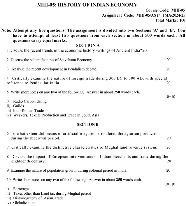 IGNOU MHI-05 - History of Indian Economy Latest Solved Assignment-July 2024 - January 2025