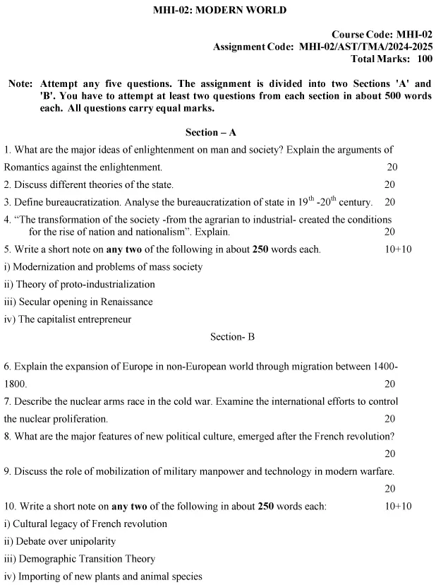 IGNOU MHI-02 - Modern World Latest Solved Assignment-July 2024 - January 2025