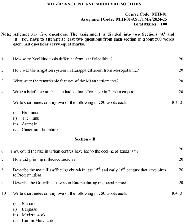 IGNOU MHI-01 - Ancient and Medieval Societies Latest Solved Assignment-July 2024 - January 2025