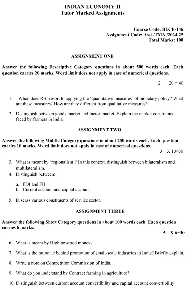 IGNOU BECE-146 - Indian Economy – II, Latest Solved Assignment-July 2024 - January 2025