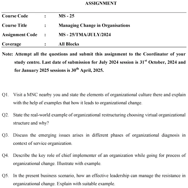 IGNOU MS-25 - Managing Change in Organizations Latest Solved Assignment-July 2024 - January 2025