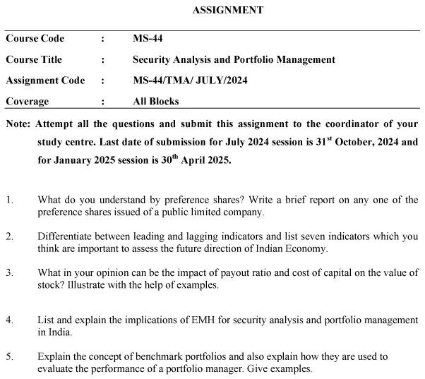 IGNOU MS-44 - Security Analysis and Portfolio Management Latest Solved Assignment-July 2024 - January 2025