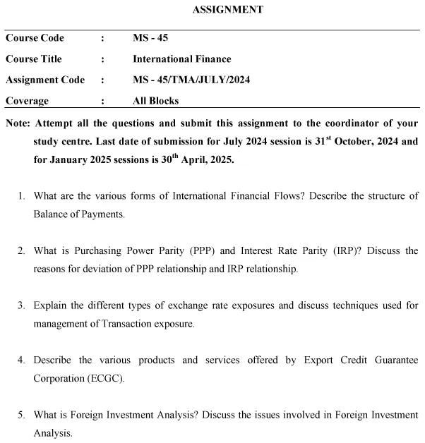 IGNOU MS-45 - International Financial Management Latest Solved Assignment-July 2024 - January 2025