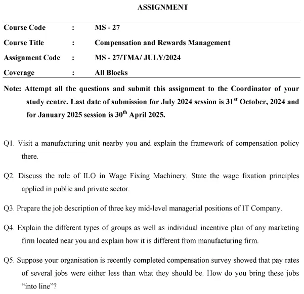 IGNOU MS-27 - Wage and Salary Administration Latest Solved Assignment-July 2024 - January 2025