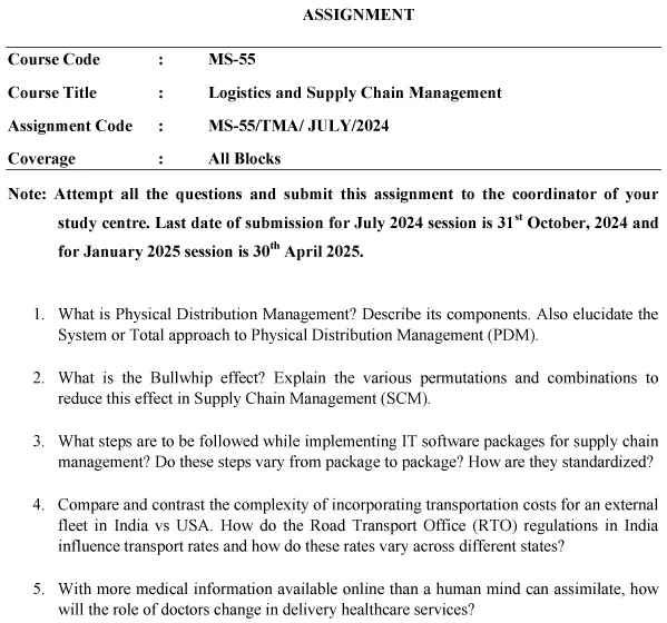 IGNOU MS-55 - Logistics and Supply Chain Management Latest Solved Assignment-July 2024 - January 2025