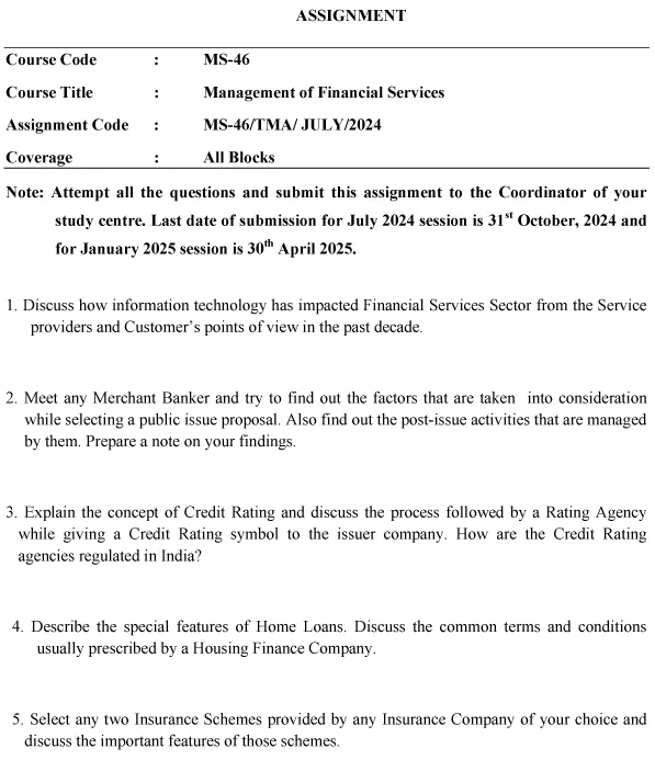 IGNOU MS-46 - Management of Financial Services Latest Solved Assignment-July 2024 - January 2025