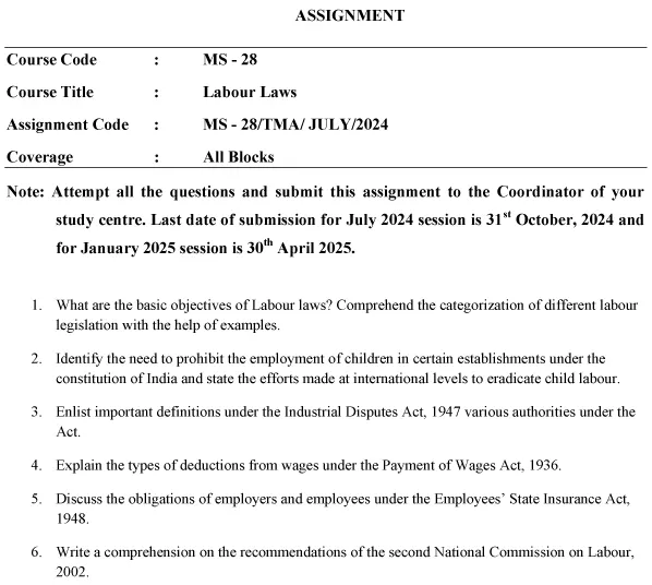 IGNOU MS-28 - Labour Laws Latest Solved Assignment-July 2024 - January 2025