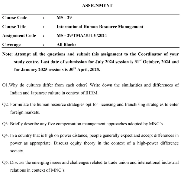 IGNOU MS-29 - International Human Resource Management Latest Solved Assignment-July 2024 - January 2025