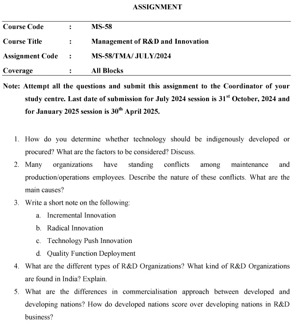 IGNOU MS-58 - Management of R&D and Innovation Latest Solved Assignment-July 2024 - January 2025