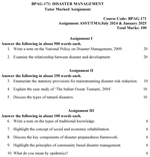 IGNOU BPAG-171 - Disaster Management, Latest Solved Assignment-July 2024 - January 2025