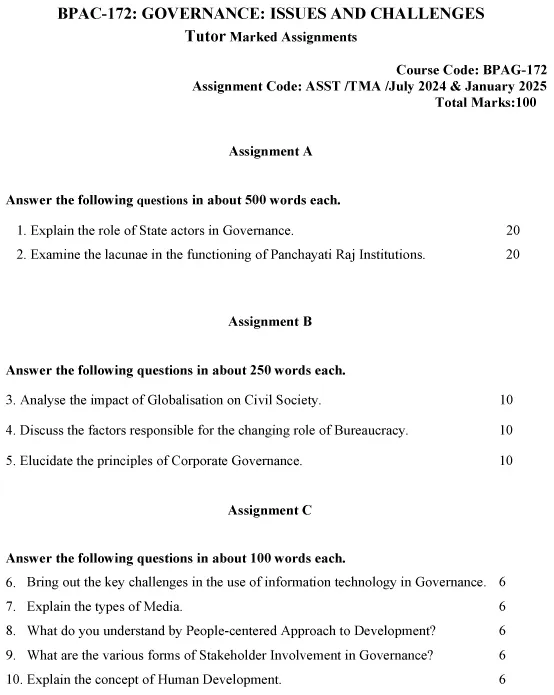 IGNOU BPAG-172 - Governance: Issues and Challenges, Latest Solved Assignment-July 2024 - January 2025