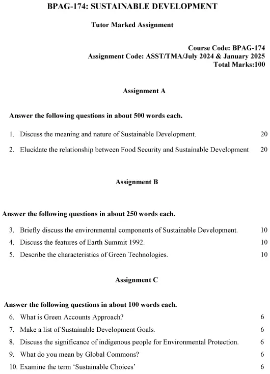 IGNOU BPAG-174 - Sustainable Development, Latest Solved Assignment -July 2024 - January 2025