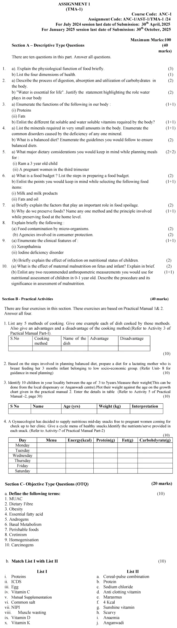 IGNOU ANC-01 - Nutrition for the Community, Latest Solved Assignment-July 2024 - January 2025