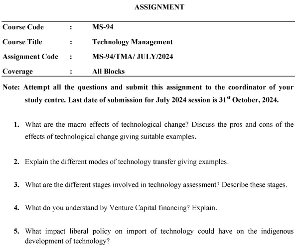 IGNOU MS-94 - Technology Management Latest Solved Assignment-July 2024 - January 2025