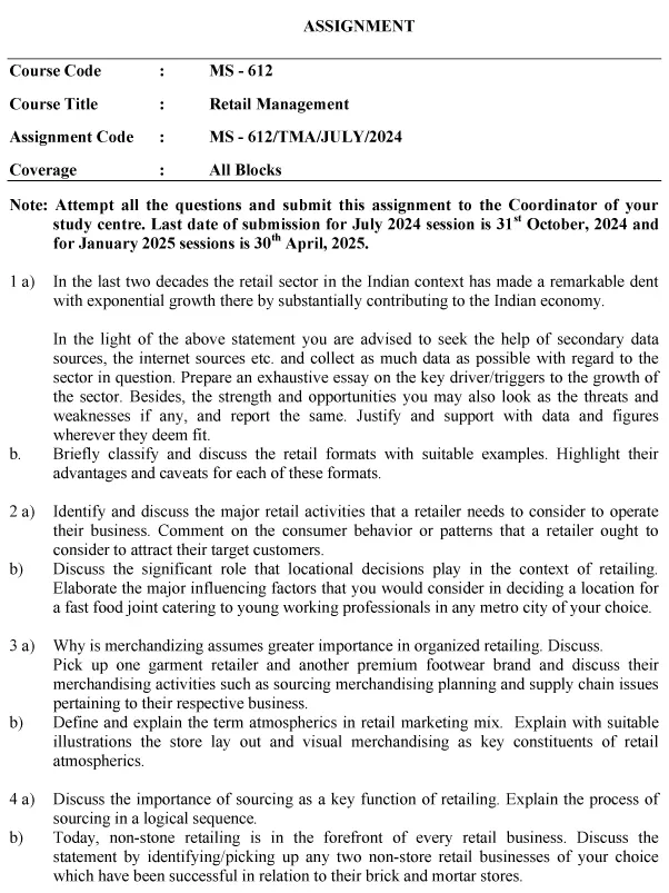 IGNOU MS-612 - Retail Management Latest Solved Assignment-July 2024 - January 2025