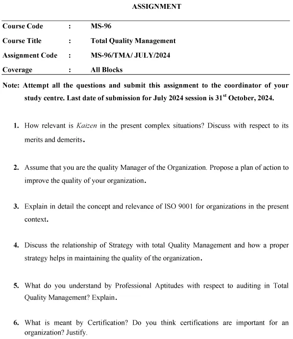 IGNOU MS-96 - Total Quality Management Latest Solved Assignment-July 2024 - January 2025