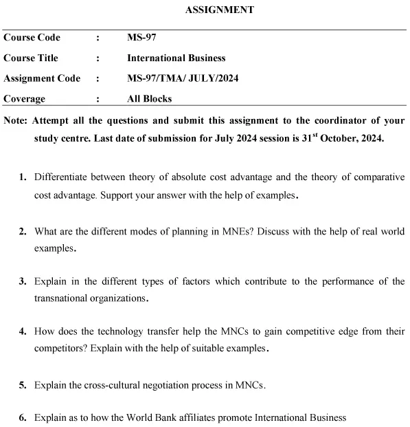 IGNOU MS-97 - International Business Latest Solved Assignment-July 2024 - January 2025