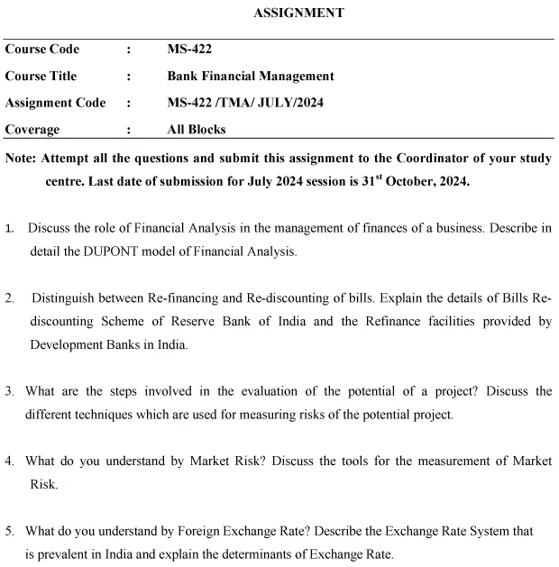 IGNOU MS-422 - Bank Financial Management Latest Solved Assignment-July 2024 - January 2025