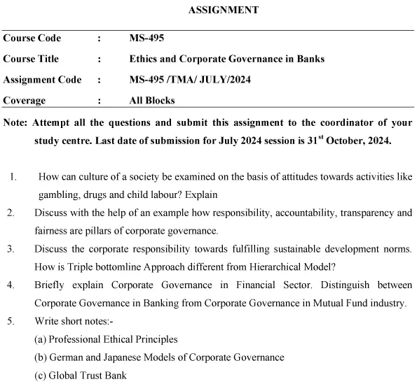 IGNOU MS-495 - Ethics and Corporate Governance in Banks Latest Solved Assignment-July 2024 - January 2025