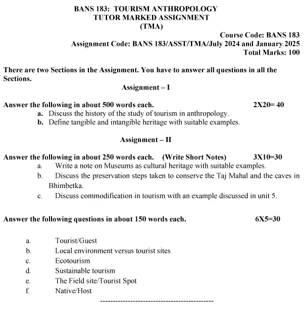 IGNOU BANS-183 - Tourism Anthropology, Latest Solved Assignment-July 2024 - January 2025