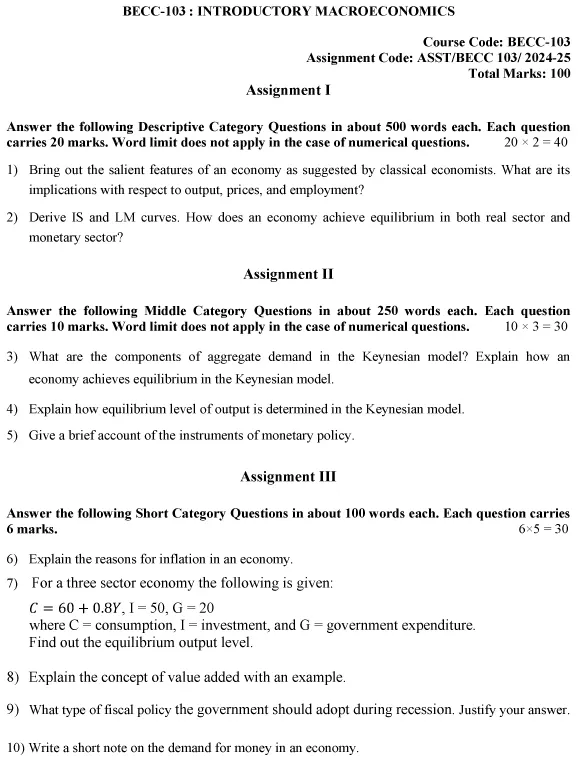 IGNOU BECC-103 - Introductory Macroeconomics, Latest Solved Assignment-July 2024 - January 2025