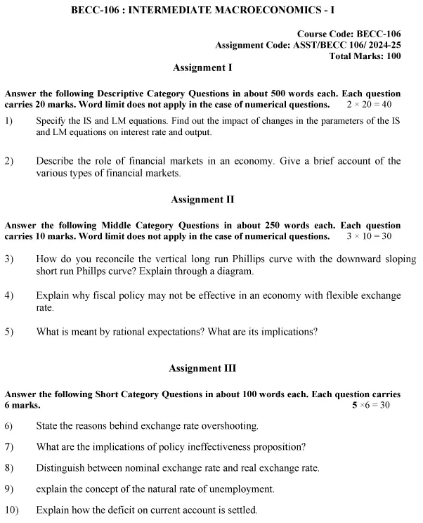 IGNOU BECC-106 - Intermediate Macroeconomics-I, Latest Solved Assignment-July 2024 - January 2025