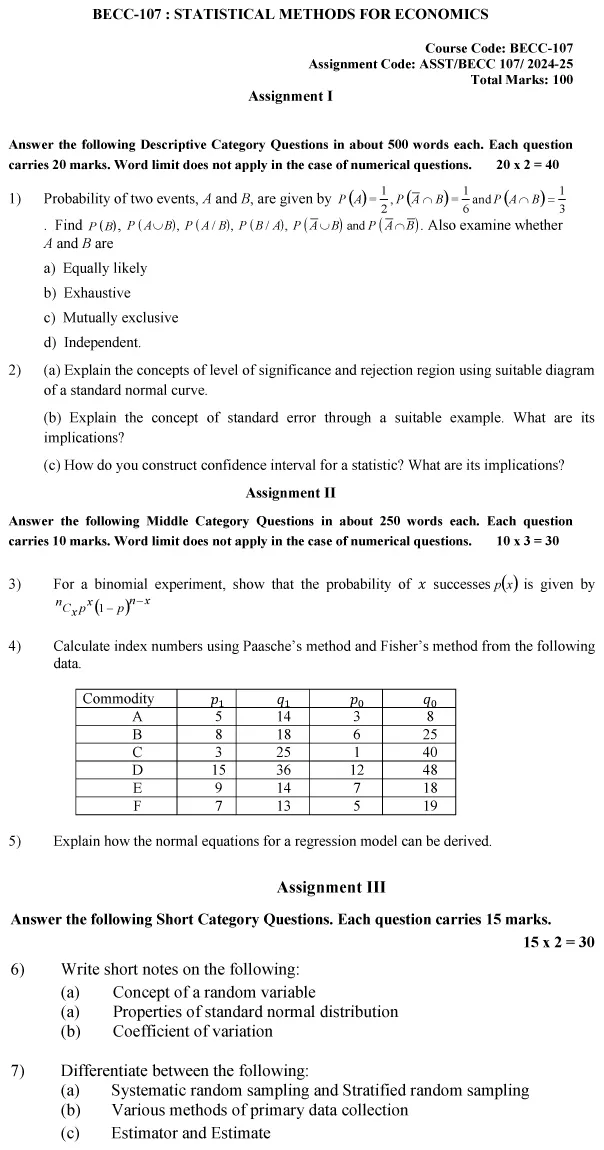 IGNOU BECC-107 - Statistical Methods for Economics, Latest Solved Assignment-July 2024 - January 2025